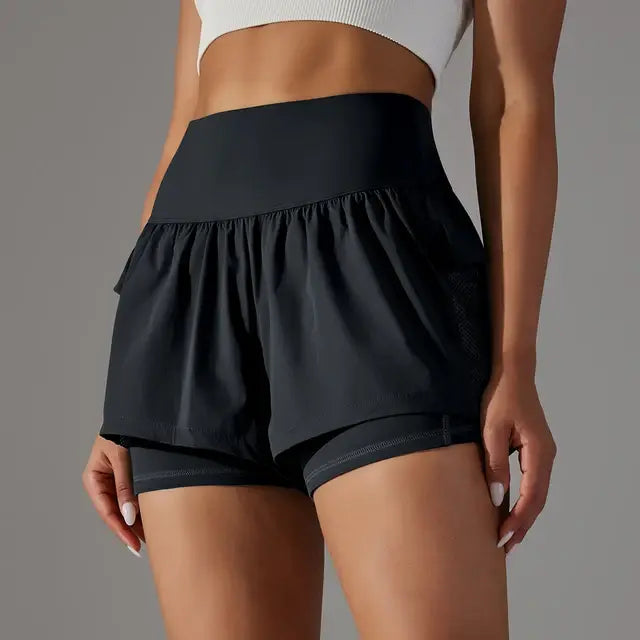 Anneloes | Hoge Taille Workout Shorts met Ritszakken - Luxe Nova Zwart / XS Luxe Nova broek