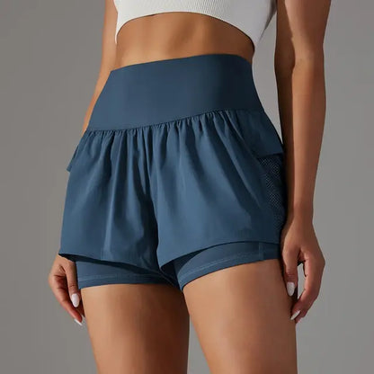 Anneloes | Hoge Taille Workout Shorts met Ritszakken - Luxe Nova Donker blauw / XS Luxe Nova broek