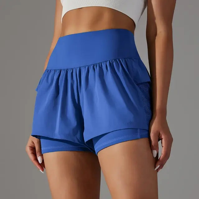 Anneloes | Hoge Taille Workout Shorts met Ritszakken - Luxe Nova Blauw / XS Luxe Nova broek