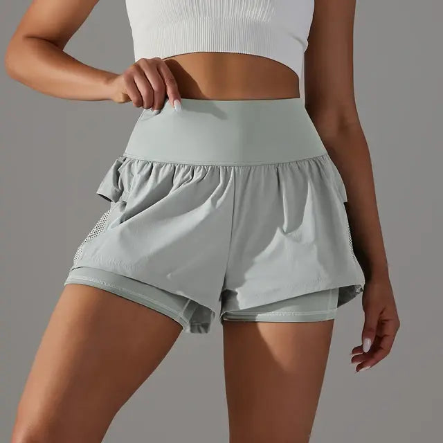 Anneloes | Hoge Taille Workout Shorts met Ritszakken - Luxe Nova Grijs / XS Luxe Nova broek